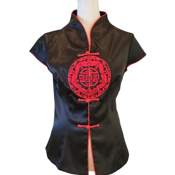 Elegant Black & Red Satin Qipao Top | Mandarin Collar | Asian Embroidered Symbol - Picture 1 of 11